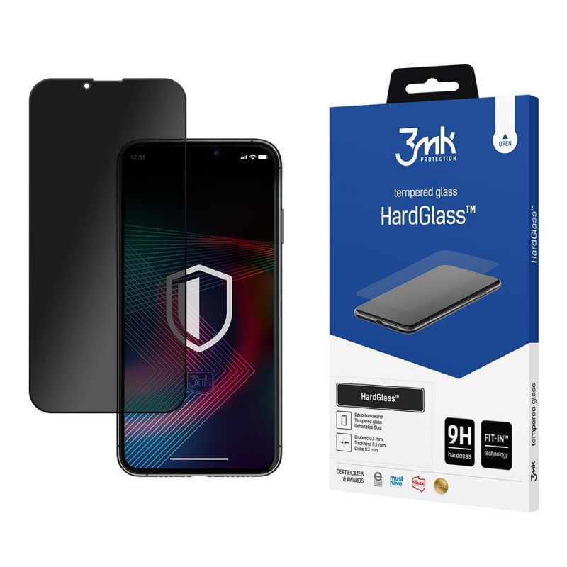 9H 3mk HardGlass Max Privacy™ privatumo stiklas, skirtas iPhone 13/ 13 Pro/ 14