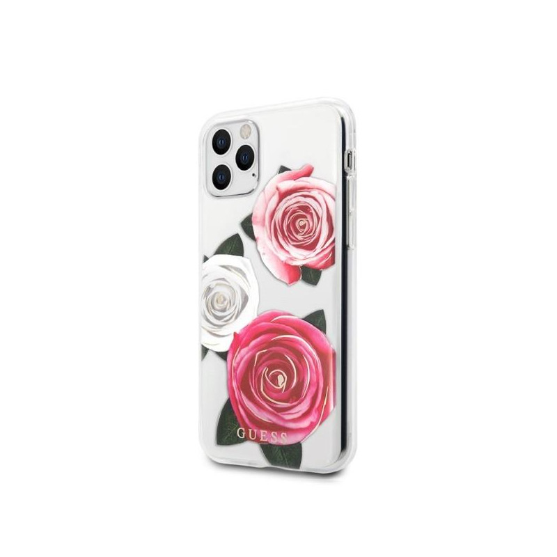 Guess Flower Desire Pink & White Rose dėklas, skirtas iPhone 11 Pro - skaidrus