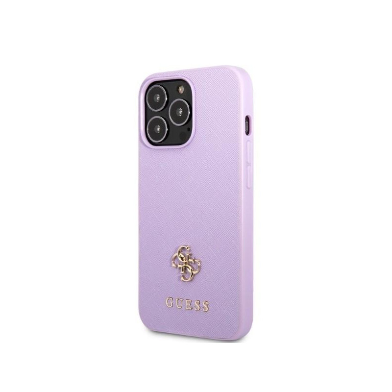 Guess Saffiano 4G mažas metalinis logotipo dėklas, skirtas iPhone 13 Pro / iPhone 13 – violetinė