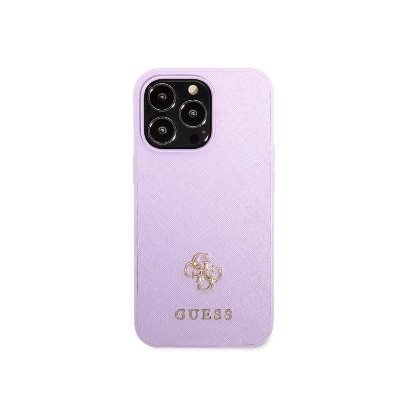 Guess Saffiano 4G mažas metalinis logotipo dėklas, skirtas iPhone 13 Pro / iPhone 13 – violetinė