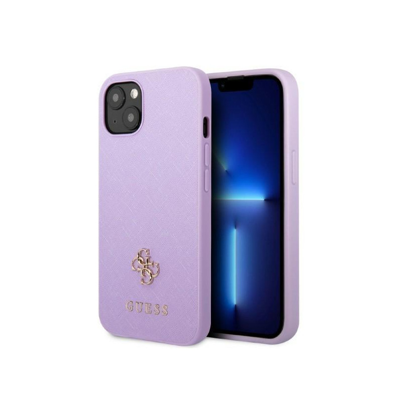 Guess Saffiano 4G mažas metalinis logotipo dėklas iPhone 13 - violetinis Guess Saffiano 4G mažas metalinis logotipo dėklas iPhone 13 - violetinis