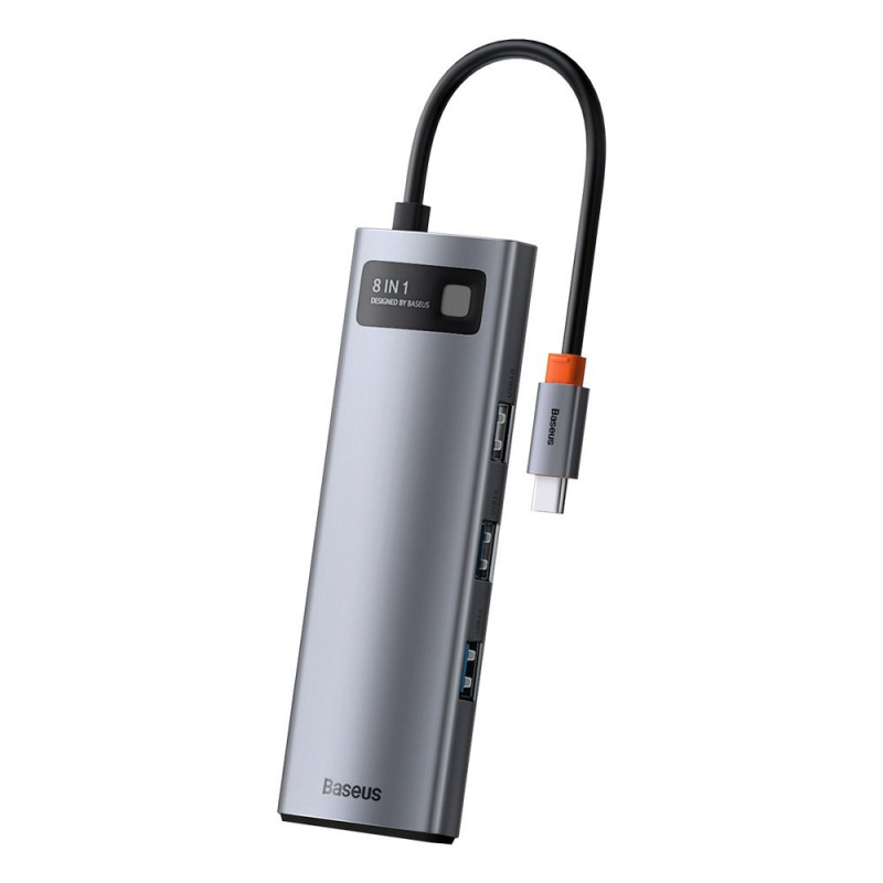 Daugiafunkcis HUB 8in1 USB USB-C PD 100W HDMI SD ir microSD kortelių skaitytuvas 3x USB 3.2 RJ45 Pilka