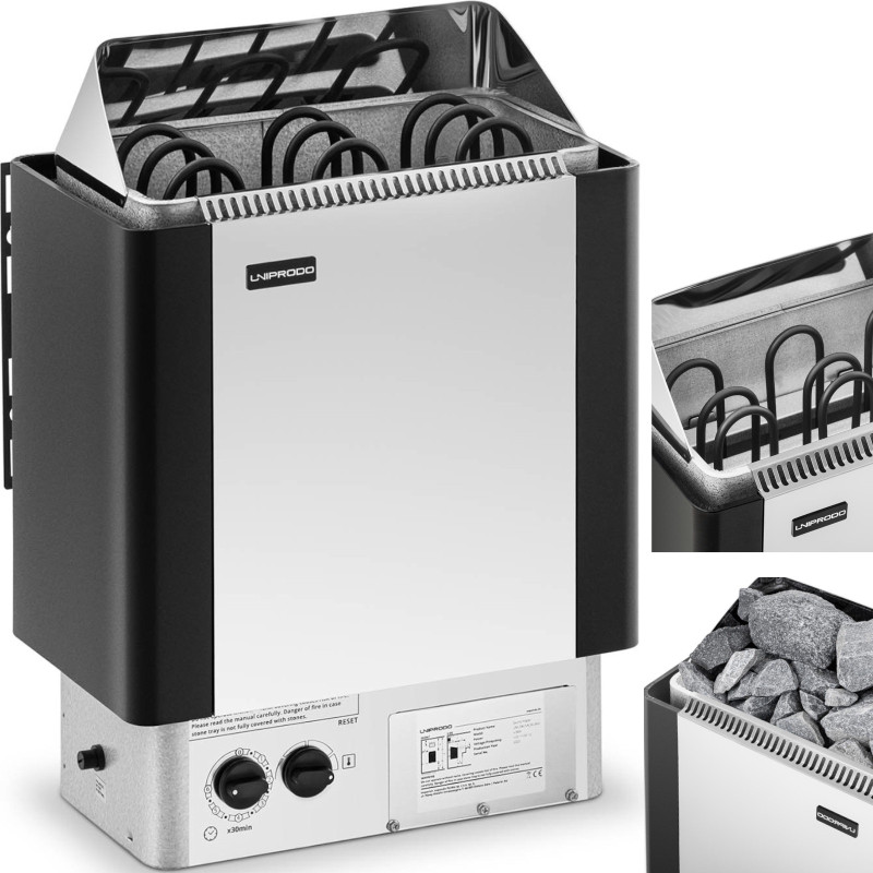 Elektrinė pirties krosnelė su įmontuotu valdymu 3-6 m3 iki 110C 400 V 4,5 kW sidabrinė-juoda