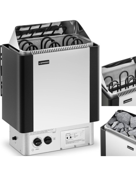 Elektrinė pirties krosnelė su įmontuotu valdymu 3-6 m3 iki 110C 400 V 4,5 kW sidabrinė-juoda Elektrinė pirties krosnelė su įmontuotu valdymu 3-6 m3 iki 110C 400 V 4,5 kW sidabrinė-juoda