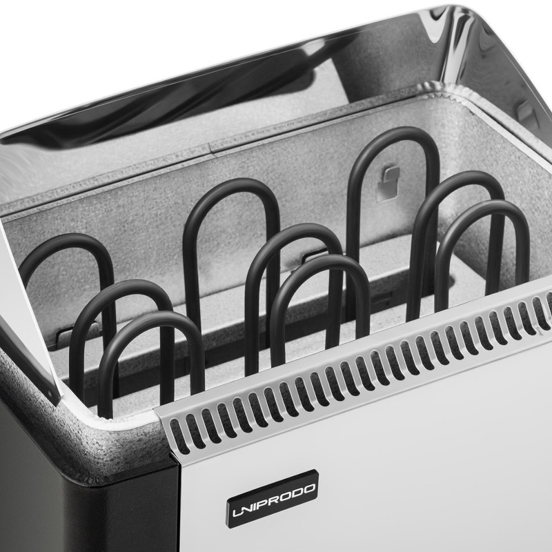 Elektrinė pirties krosnelė su įmontuotu valdymu 3-6 m3 iki 110C 400 V 4,5 kW sidabrinė-juoda