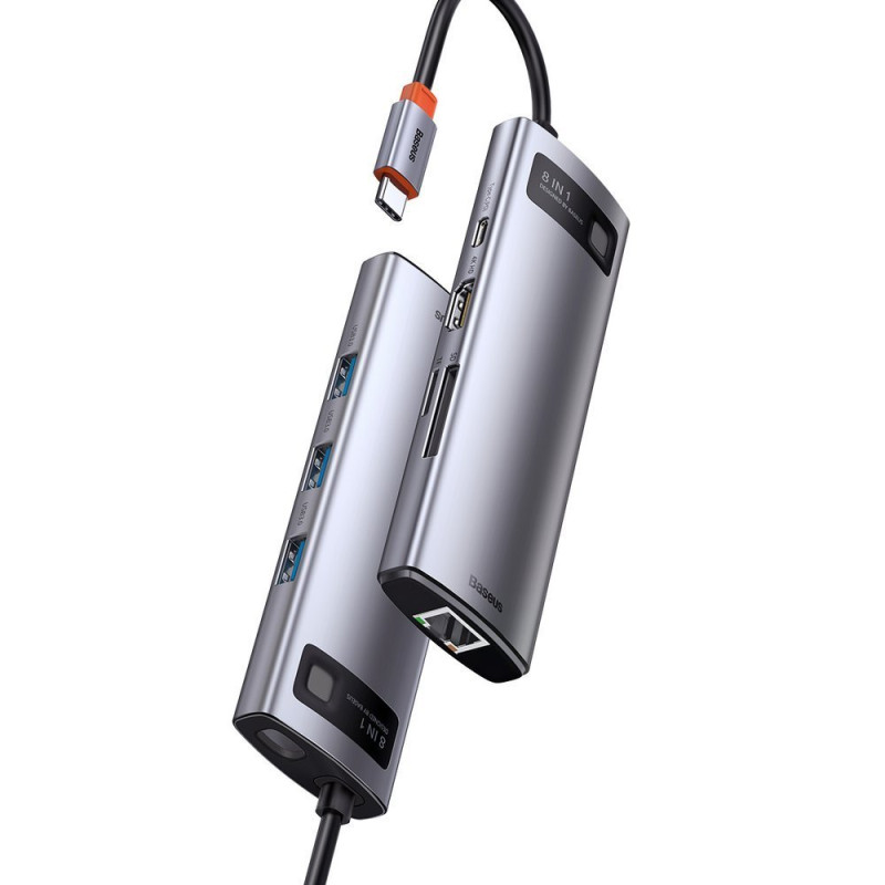Daugiafunkcis HUB 8in1 USB USB-C PD 100W HDMI SD ir microSD kortelių skaitytuvas 3x USB 3.2 RJ45 Pilka