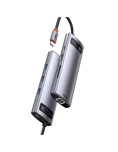 Daugiafunkcis HUB 8in1 USB USB-C PD 100W HDMI SD ir microSD kortelių skaitytuvas 3x USB 3.2 RJ45 Pilka Daugiafunkcis HUB 8in1 USB USB-C PD 100W HDMI SD ir microSD kortelių skaitytuvas 3x USB 3.2 RJ45 Pilka