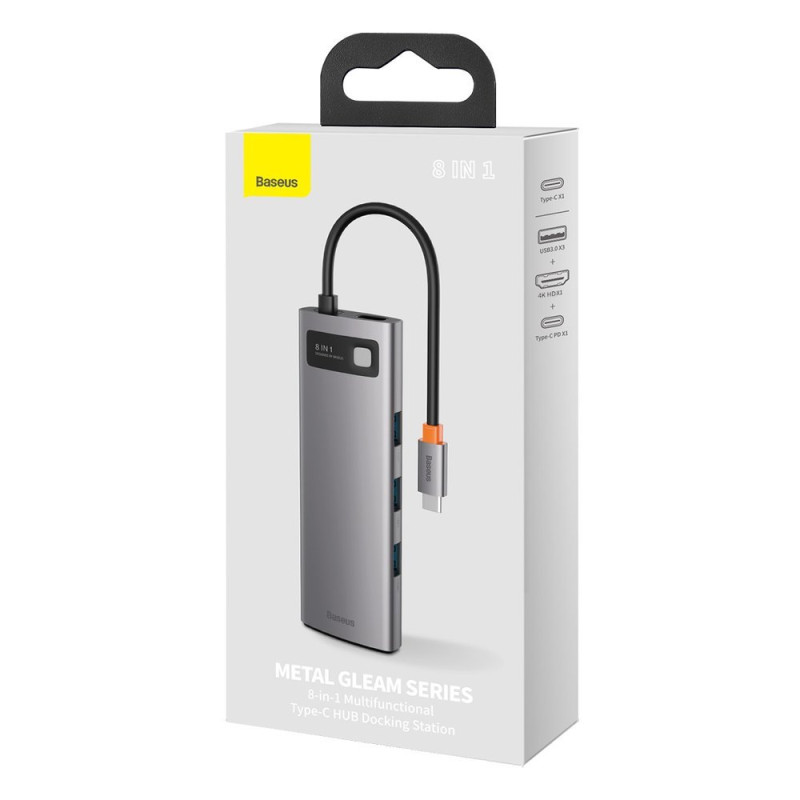 Daugiafunkcis HUB 8in1 USB USB-C PD 100W HDMI SD ir microSD kortelių skaitytuvas 3x USB 3.2 RJ45 Pilka