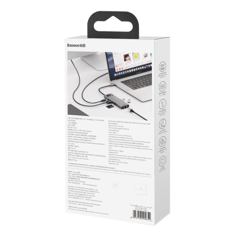 Daugiafunkcis HUB 8in1 USB USB-C PD 100W HDMI SD ir microSD kortelių skaitytuvas 3x USB 3.2 RJ45 Pilka