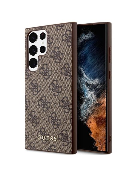 Guess 4G Metal Gold Logo dėklas, skirtas Samsung Galaxy S23 Ultra - rudas Guess 4G Metal Gold Logo dėklas, skirtas Samsung Galaxy S23 Ultra - rudas