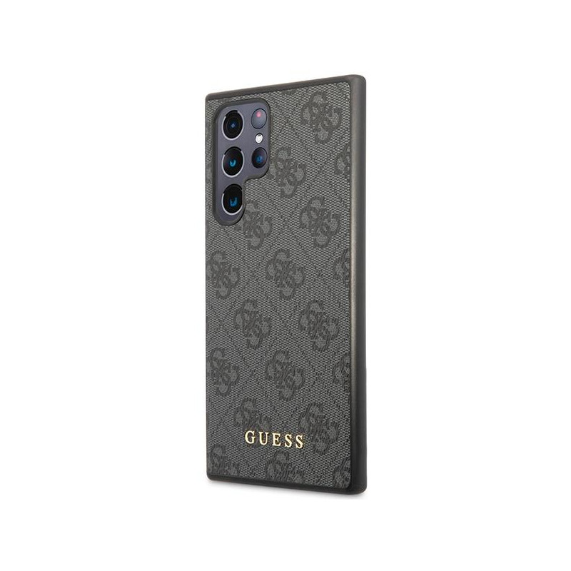 Guess 4G Metal Gold Logo dėklas, skirtas Samsung Galaxy S23 Ultra - pilkas