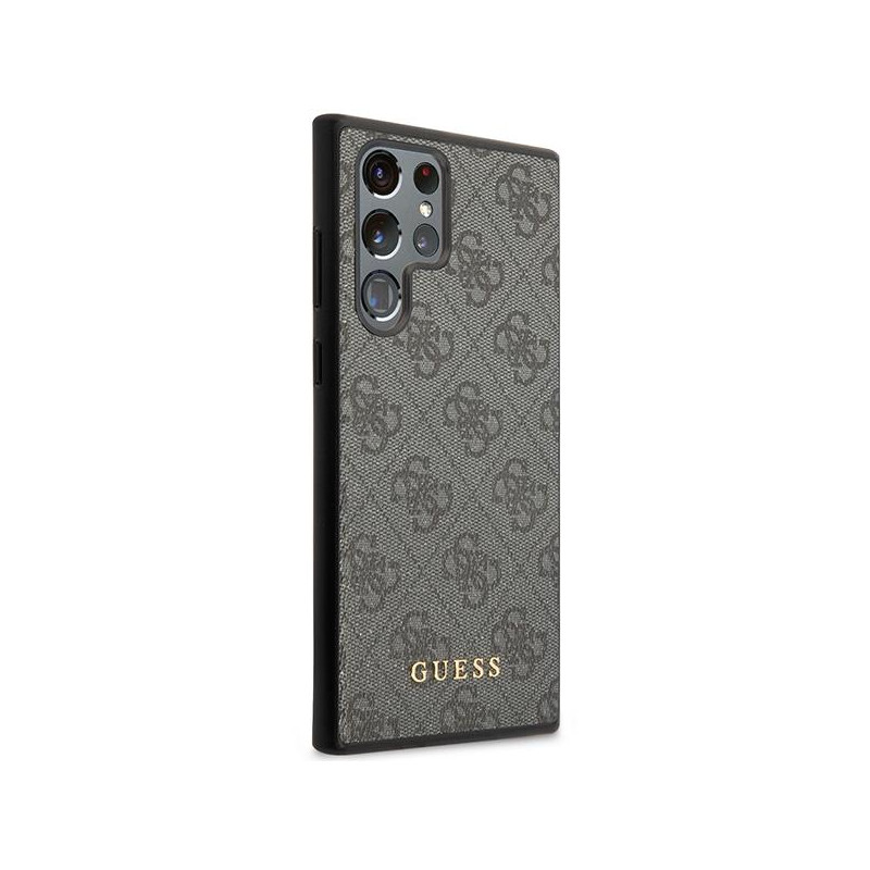 Guess 4G Metal Gold Logo dėklas, skirtas Samsung Galaxy S23 Ultra - pilkas