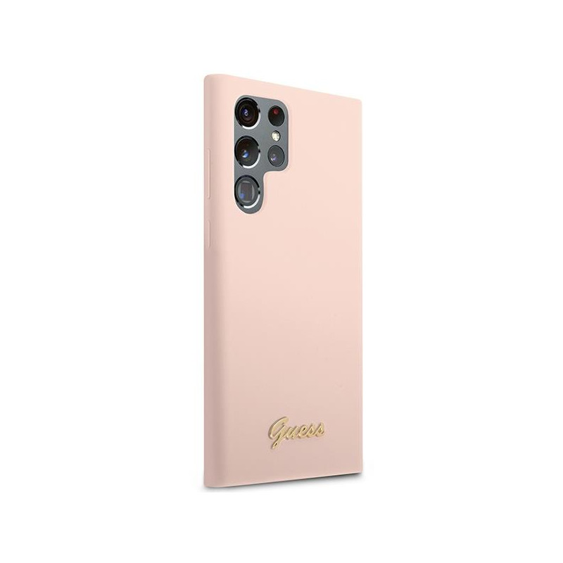 Guess Silicone Script Metal Logo dėklas, skirtas Samsung Galaxy S23 Ultra - rožinis
