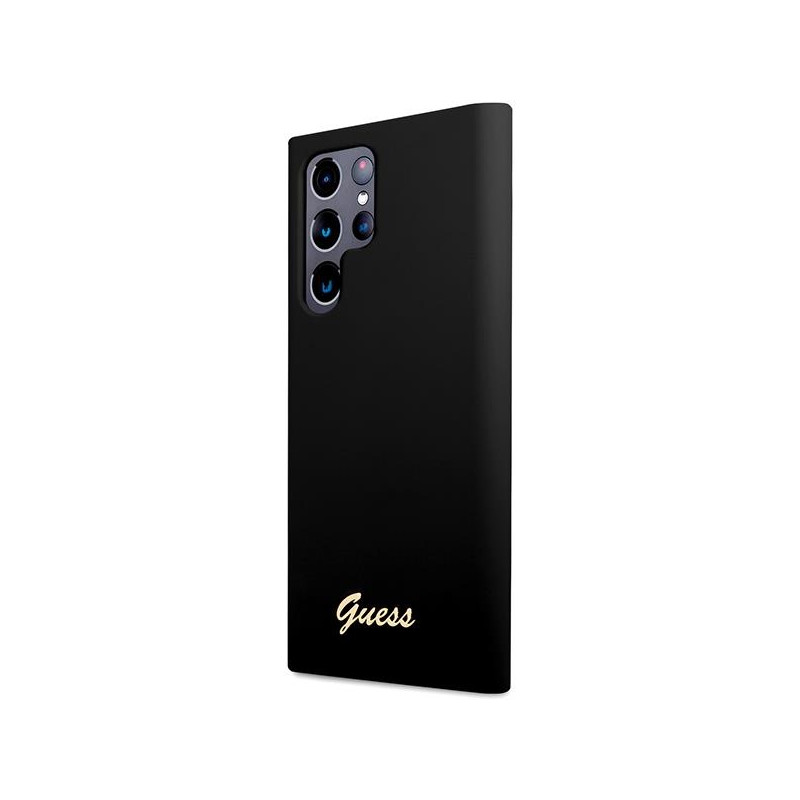 Guess Silicone Vintage Gold Logo dėklas, skirtas Samsung Galaxy S23 Ultra - juodas