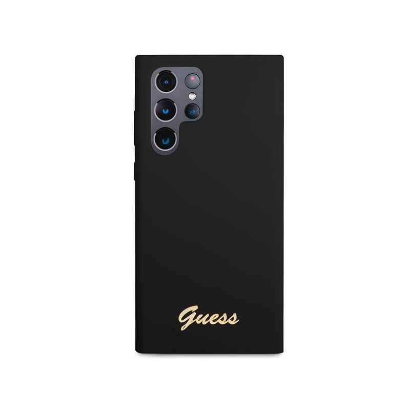 Guess Silicone Vintage Gold Logo dėklas, skirtas Samsung Galaxy S23 Ultra - juodas