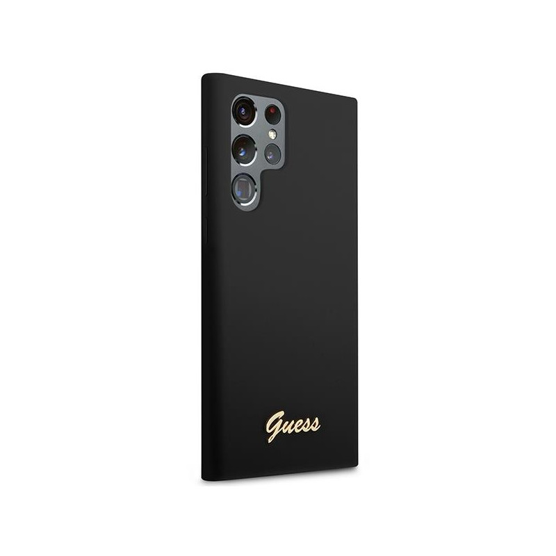 Guess Silicone Vintage Gold Logo dėklas, skirtas Samsung Galaxy S23 Ultra - juodas