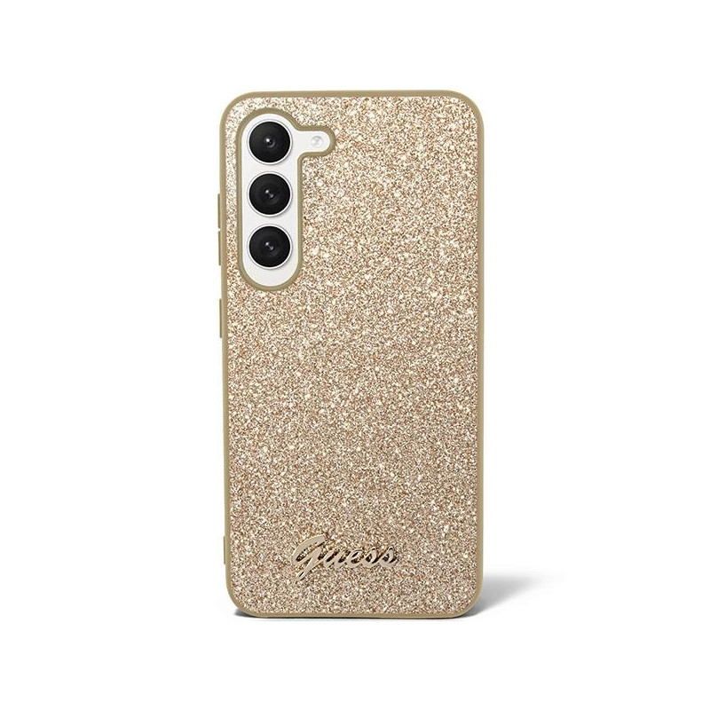 Guess Glitter Script dėklas Samsung Galaxy S23 - auksinis