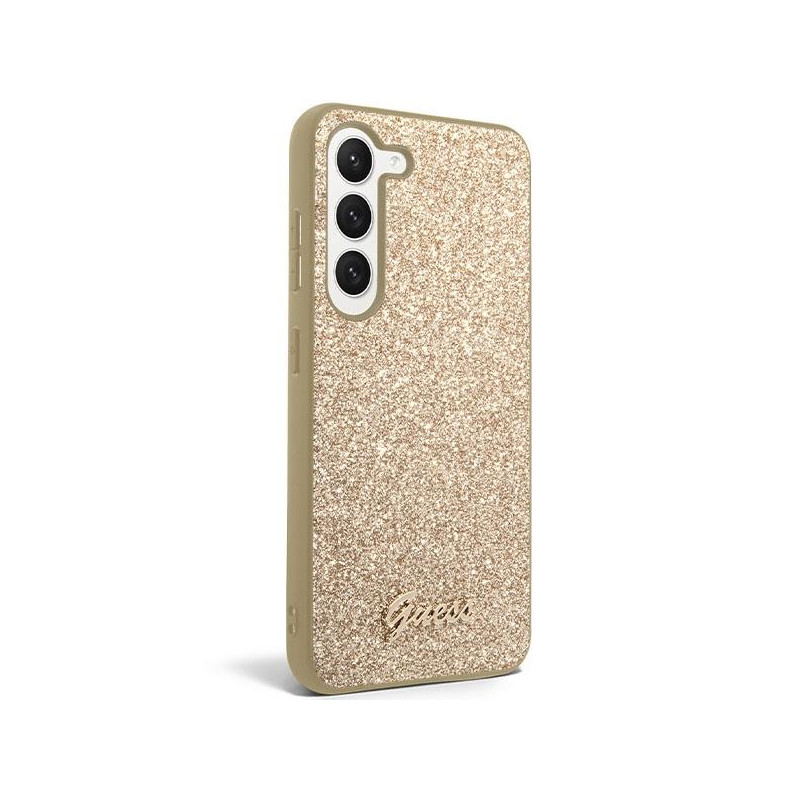 Guess Glitter Script dėklas Samsung Galaxy S23 - auksinis