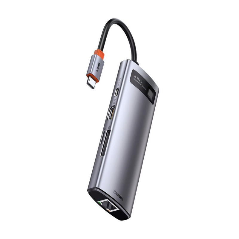 Daugiafunkcis HUB 8in1 USB USB-C PD 100W HDMI SD ir microSD kortelių skaitytuvas 3x USB 3.2 RJ45 Pilka