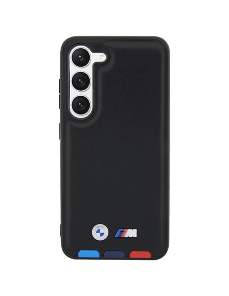 BMW Leather Stamp Tricolor dėklas Samsung Galaxy S23 - juodas BMW Leather Stamp Tricolor dėklas Samsung Galaxy S23 - juodas