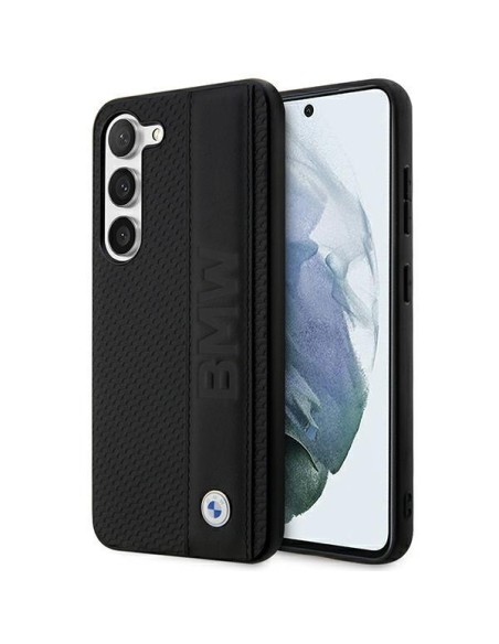 BMW Leather Textured & Stripe dėklas, skirtas Samsung Galaxy S23 - juodas BMW Leather Textured & Stripe dėklas, skirtas Samsung Galaxy S23 - juodas