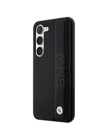 BMW Leather Textured & Stripe dėklas, skirtas Samsung Galaxy S23 - juodas BMW Leather Textured & Stripe dėklas, skirtas Samsung Galaxy S23 - juodas