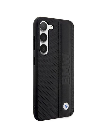 BMW Leather Textured & Stripe dėklas, skirtas Samsung Galaxy S23 - juodas BMW Leather Textured & Stripe dėklas, skirtas Samsung Galaxy S23 - juodas