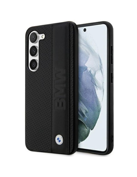 BMW Leather Textured & Stripe dėklas, skirtas Samsung Galaxy S23+ - juodas BMW Leather Textured & Stripe dėklas, skirtas Samsung Galaxy S23+ - juodas