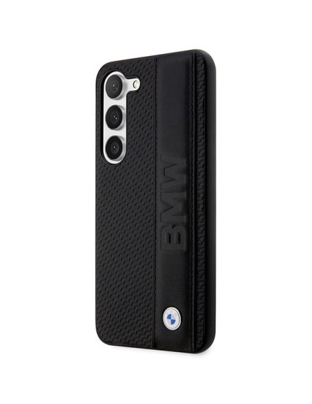 BMW Leather Textured & Stripe dėklas, skirtas Samsung Galaxy S23+ - juodas BMW Leather Textured & Stripe dėklas, skirtas Samsung Galaxy S23+ - juodas