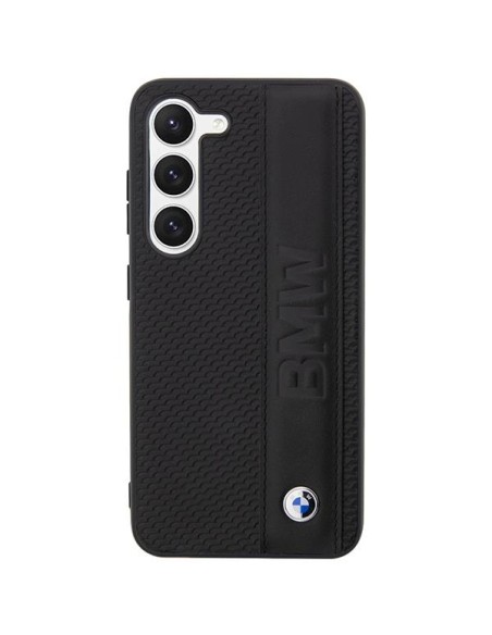BMW Leather Textured & Stripe dėklas, skirtas Samsung Galaxy S23+ - juodas BMW Leather Textured & Stripe dėklas, skirtas Samsung Galaxy S23+ - juodas