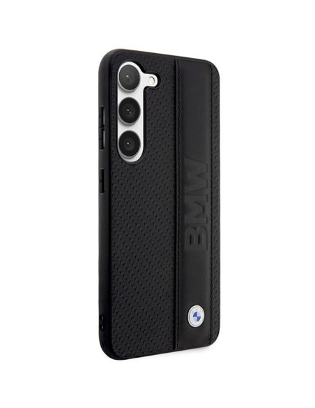 BMW Leather Textured & Stripe dėklas, skirtas Samsung Galaxy S23+ - juodas BMW Leather Textured & Stripe dėklas, skirtas Samsung Galaxy S23+ - juodas
