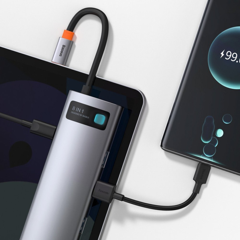 Daugiafunkcis HUB 8in1 USB USB-C PD 100W HDMI SD ir microSD kortelių skaitytuvas 3x USB 3.2 RJ45 Pilka