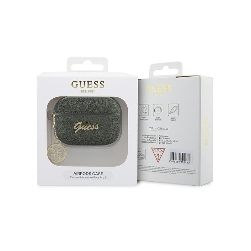 Guess Glitter Flake 4G Charm dėklas, skirtas AirPods Pro 2 – žalias