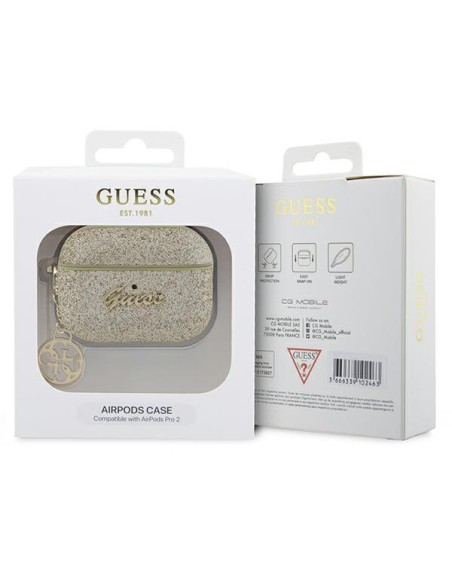 Guess Glitter Flake 4G Charm dėklas, skirtas AirPods Pro 2 – auksinis Guess Glitter Flake 4G Charm dėklas, skirtas AirPods Pro 2 – auksinis