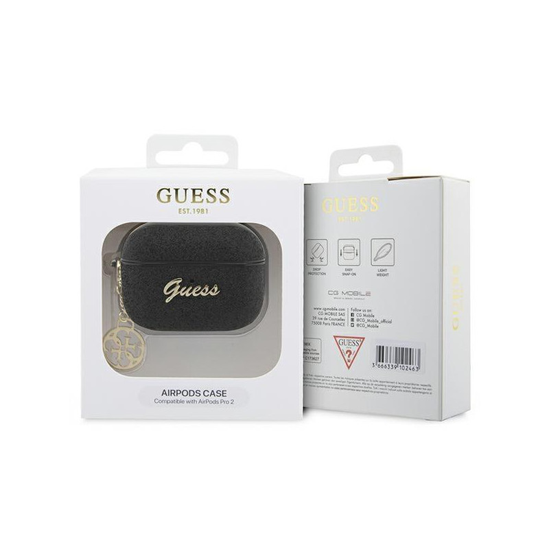 Guess Glitter Flake 4G Charm dėklas, skirtas AirPods Pro 2 – juodas
