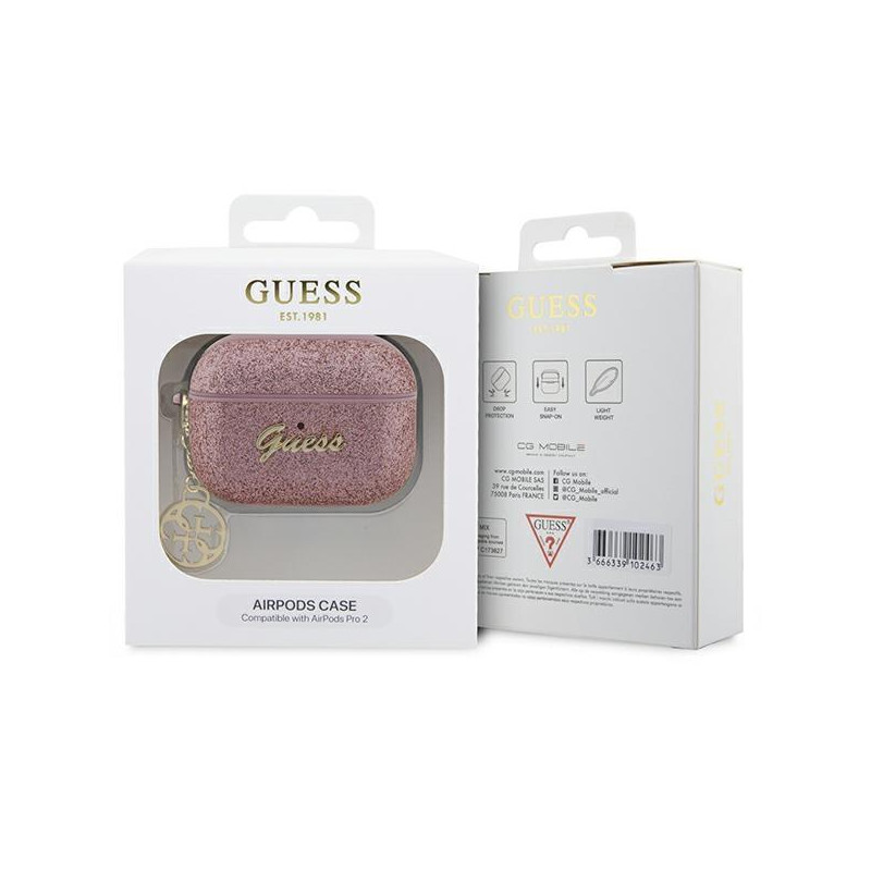 Guess Glitter Flake 4G Charm dėklas, skirtas AirPods Pro 2 – rožinis