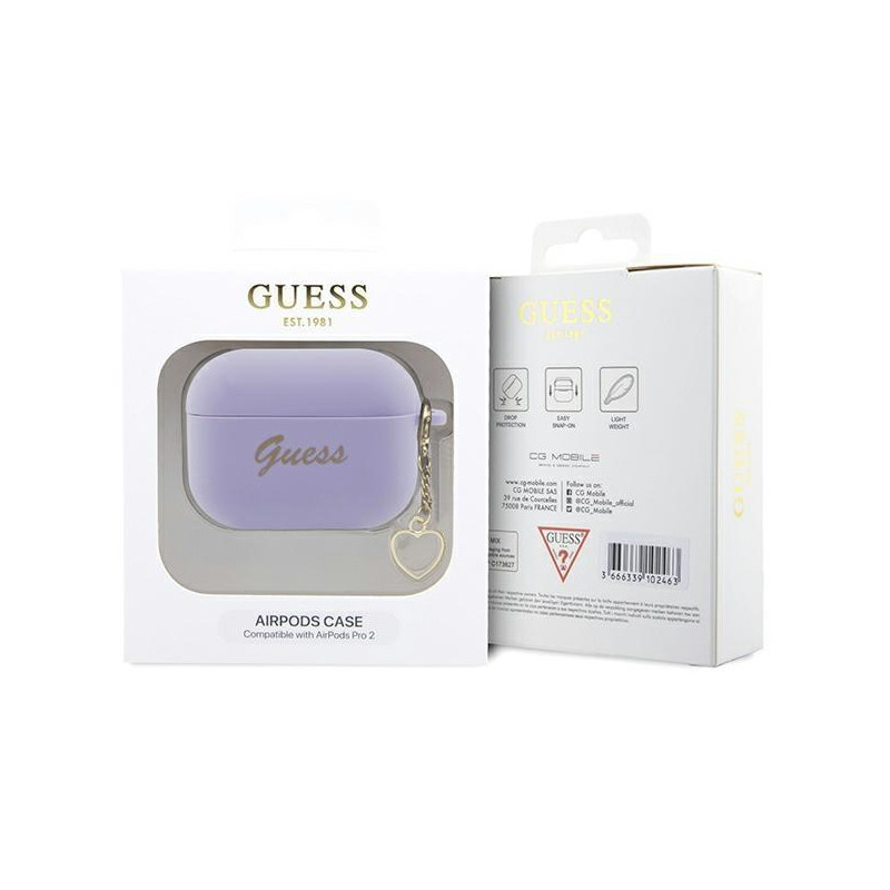 Guess Silicone Charm Heart Collection dėklas, skirtas AirPods Pro 2 – violetinis