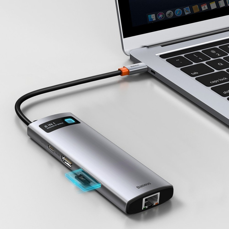 Daugiafunkcis HUB 8in1 USB USB-C PD 100W HDMI SD ir microSD kortelių skaitytuvas 3x USB 3.2 RJ45 Pilka