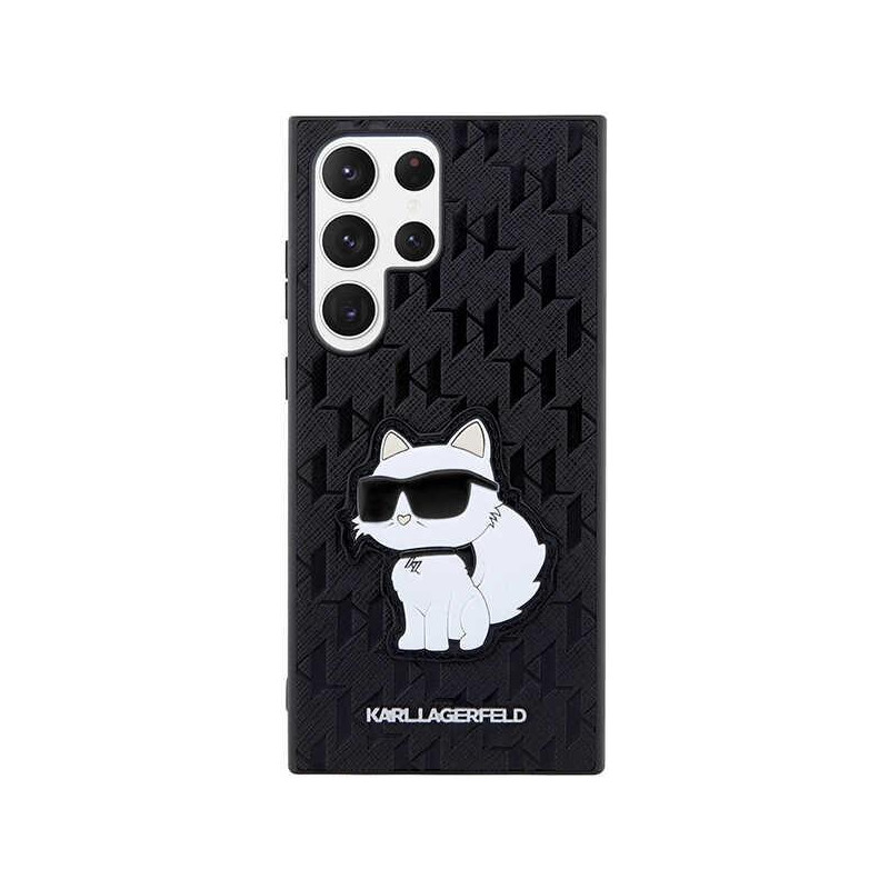 Karl Lagerfeld Saffiano Monogram Choupette dėklas, skirtas Samsung Galaxy S23 Ultra - juodas