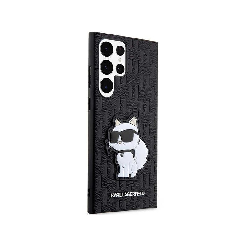 Karl Lagerfeld Saffiano Monogram Choupette dėklas, skirtas Samsung Galaxy S23 Ultra - juodas