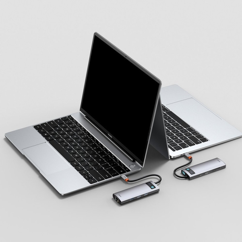 Daugiafunkcis HUB 8in1 USB USB-C PD 100W HDMI SD ir microSD kortelių skaitytuvas 3x USB 3.2 RJ45 Pilka