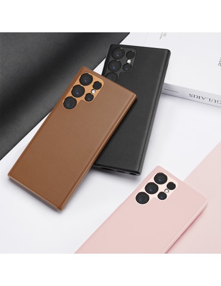 Dux Ducis Grit dėklas Samsung Galaxy S23 Ultra, elegantiškas dangtelis iš dirbtinės odos, rožinis Dux Ducis Grit dėklas Samsung Galaxy S23 Ultra, elegantiškas dangtelis iš dirbtinės odos, rožinis