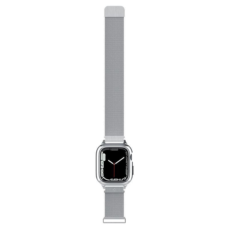Spigen Metal Fit Pro dėklas ir dirželio rinkinys, skirtas Apple Watch 4/ 5/ 6/ 7/ 8/ 9/ SE (44/ 45 mm) – sidabras