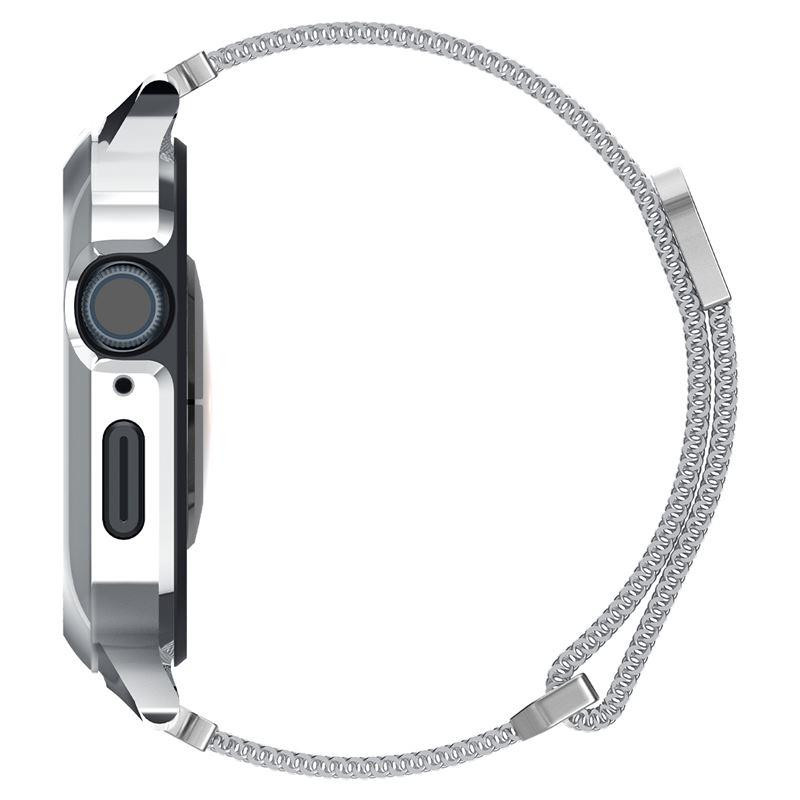 Spigen Metal Fit Pro dėklas ir dirželio rinkinys, skirtas Apple Watch 4/ 5/ 6/ 7/ 8/ 9/ SE (44/ 45 mm) – sidabras