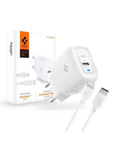 Spigen PE2C10CL USB-C PD 20W sieninis įkroviklis su Lightning laidu - baltas Spigen PE2C10CL USB-C PD 20W sieninis įkroviklis su Lightning laidu - baltas