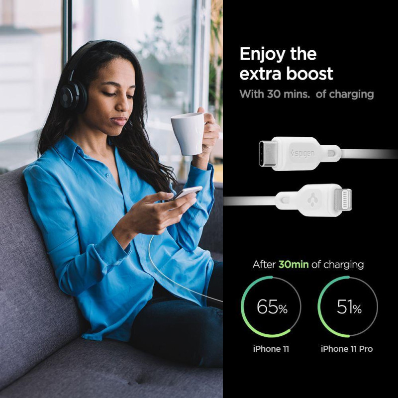 Spigen PE2C10CL USB-C PD 20W sieninis įkroviklis su Lightning laidu - baltas