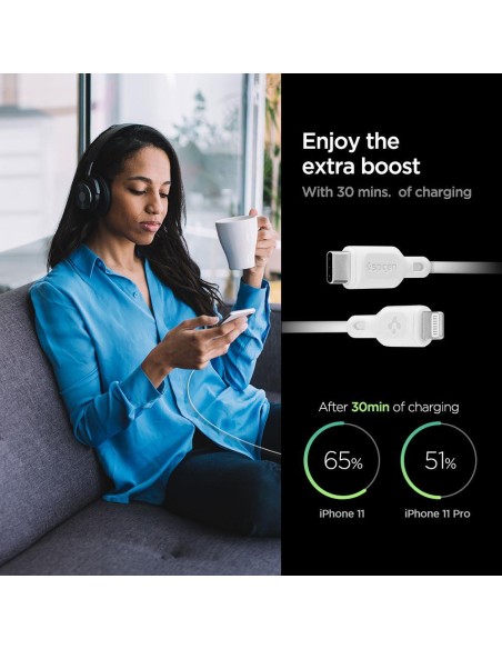 Spigen PE2C10CL USB-C PD 20W sieninis įkroviklis su Lightning laidu - baltas Spigen PE2C10CL USB-C PD 20W sieninis įkroviklis su Lightning laidu - baltas