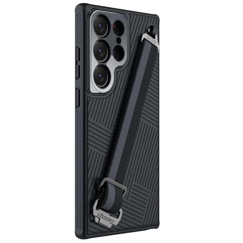 Nillkin Strap Case Dėklas, skirtas Samsung Galaxy S23 Ultra Armored Cover su juodu riešo dirželiu