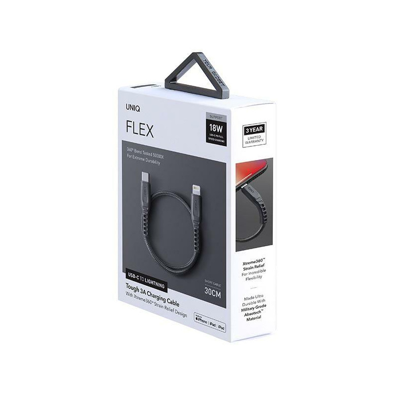 UNIQ Flex USB-C / Lightning 18W nailono laidas 30 cm - pilkas