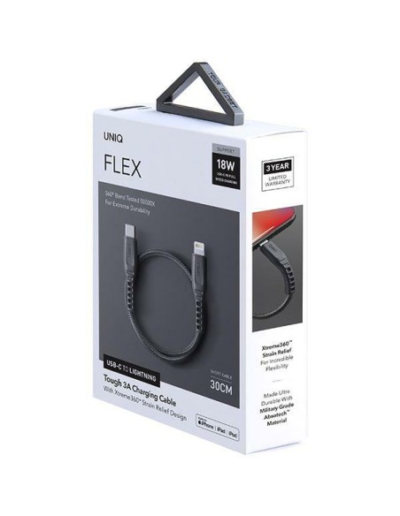 UNIQ Flex USB-C / Lightning 18W nailono laidas 30 cm - pilkas UNIQ Flex USB-C / Lightning 18W nailono laidas 30 cm - pilkas